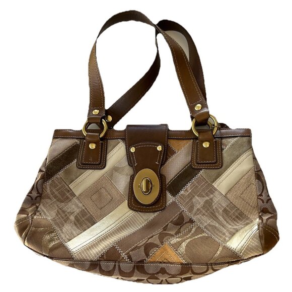 Vintage COACH 12524 Signature Khaki Patchwork Canvas Leather Turnlock Satchel - Picture 1 of 16